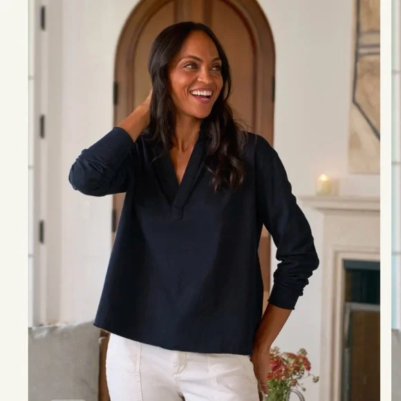 Frank & Eileen Womens large Patrick Popover Henley Heritage Jersey Shirt Navy - Picture 2 of 10